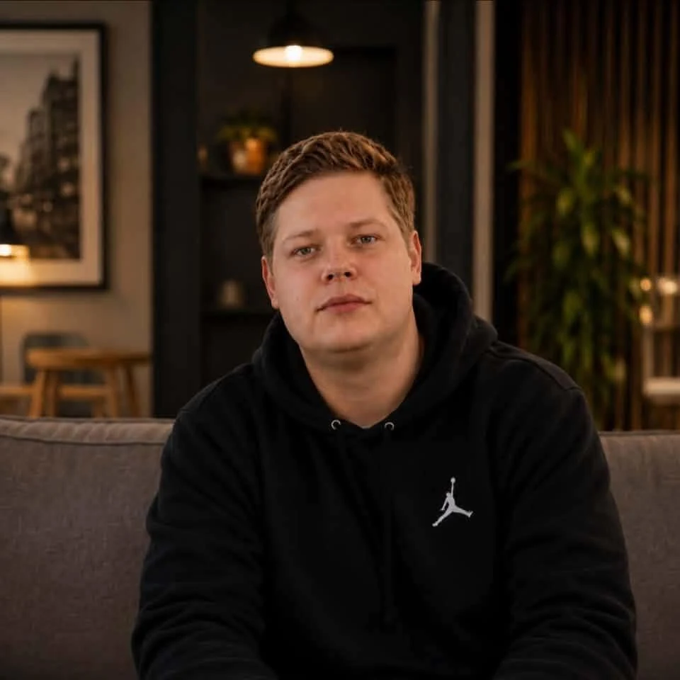 Chris Fröhner in einem schwarzen Hoodie